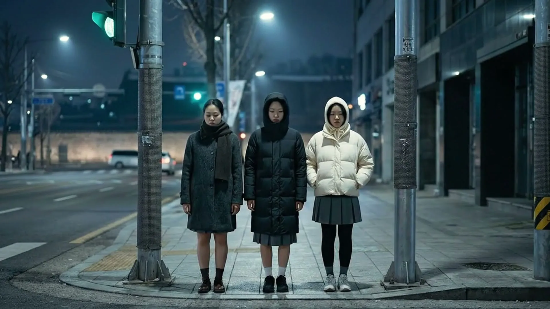 약속한 저녁 7시를 앞두고 밤의 건널목에 나란히 선 세 간호원